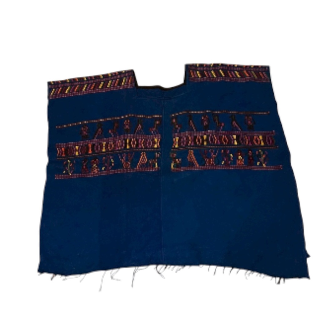 Handwoven Vintage Traditional Nebaj Guatemala Huipil Authentic Blue Blouse EUC